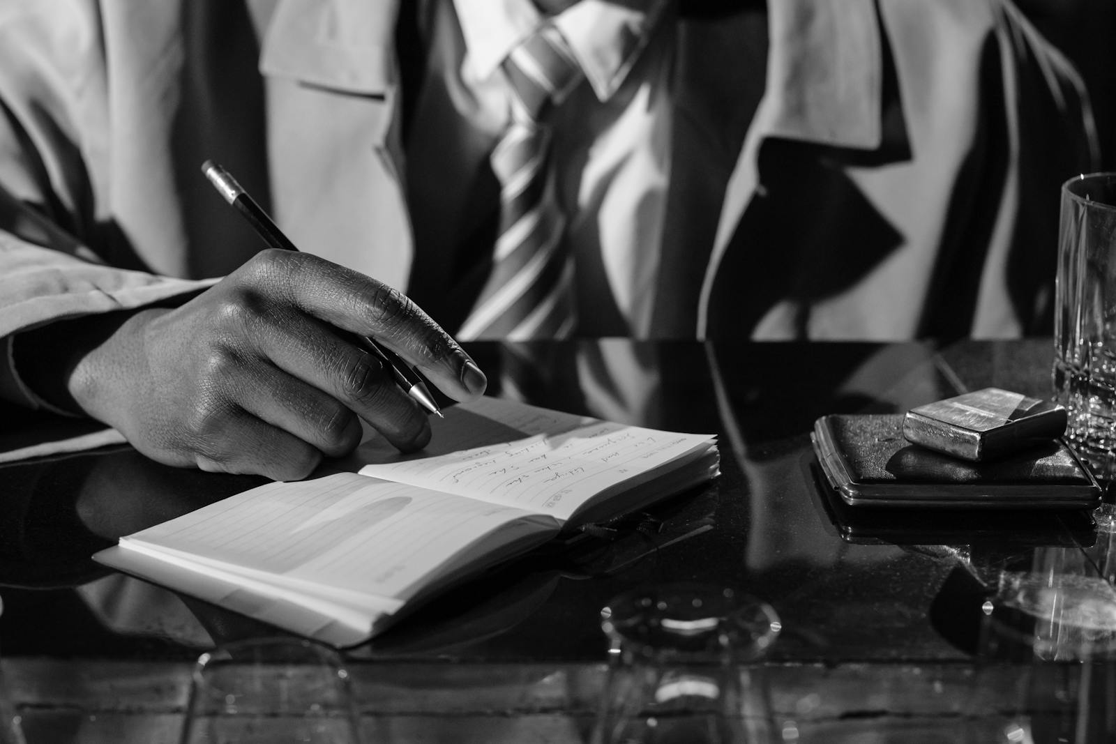 A noir detective writing in a notebook at a dim desk. Photo by cottonbro studio on Pexels.